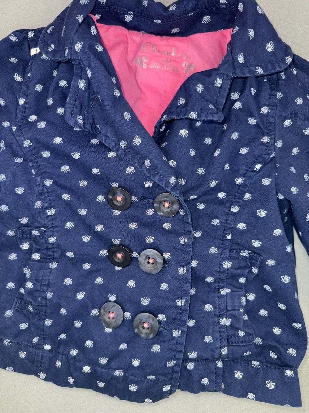 Cherokee Jacket 12M Navy White Floral Print Double Breasted - Picture 2 of 9